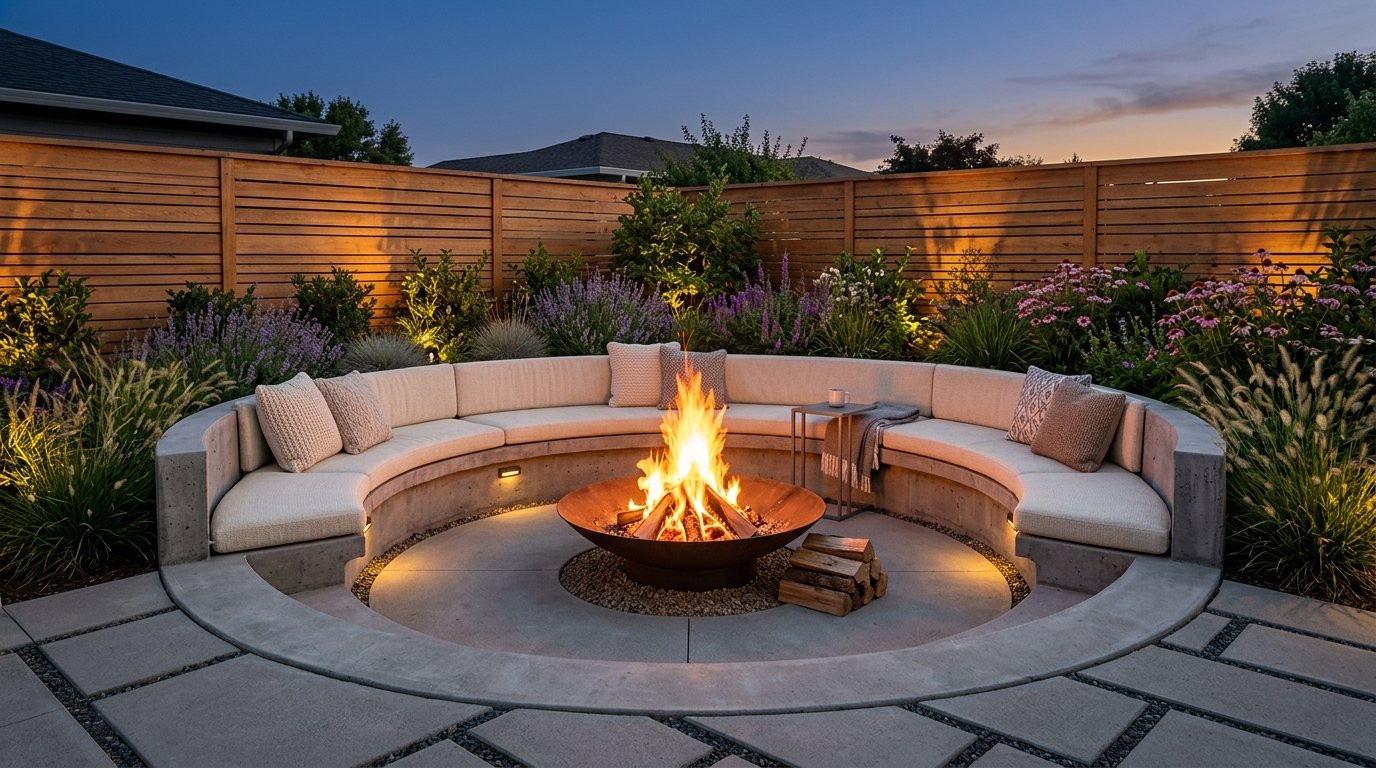 Modern circular fire pit area featuring a smooth curved concrete retaining bench with neutral outdoor cushions