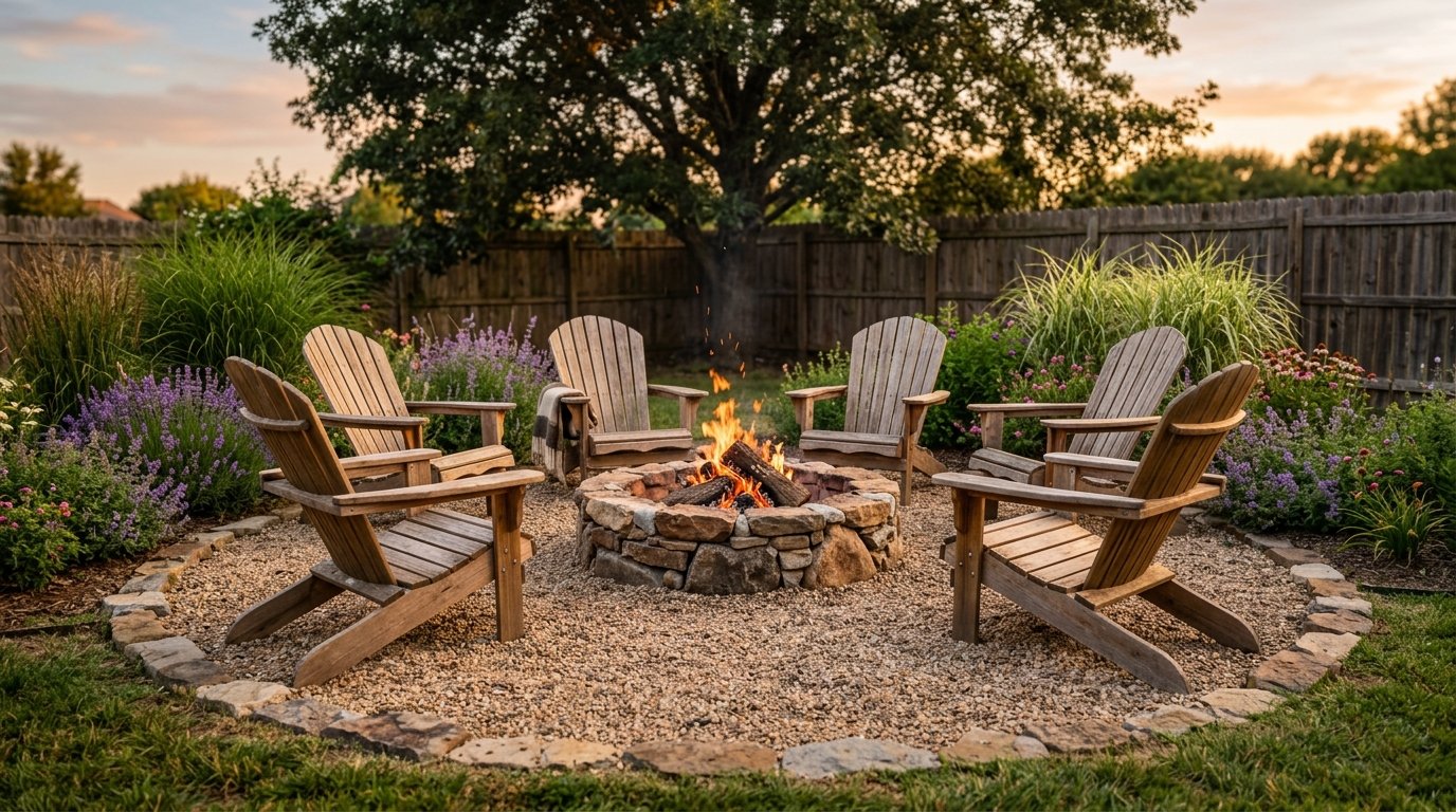 Classic wooden Adirondack chairs arranged in a circle around a stone fire pit on a gravel patio