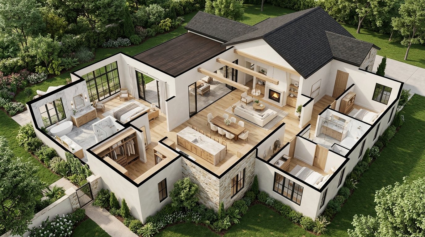 Elevated floor plan cutaway highlighting a private primary suite wing with a luxury bathroom and walk-in closet separated from secondary bedrooms