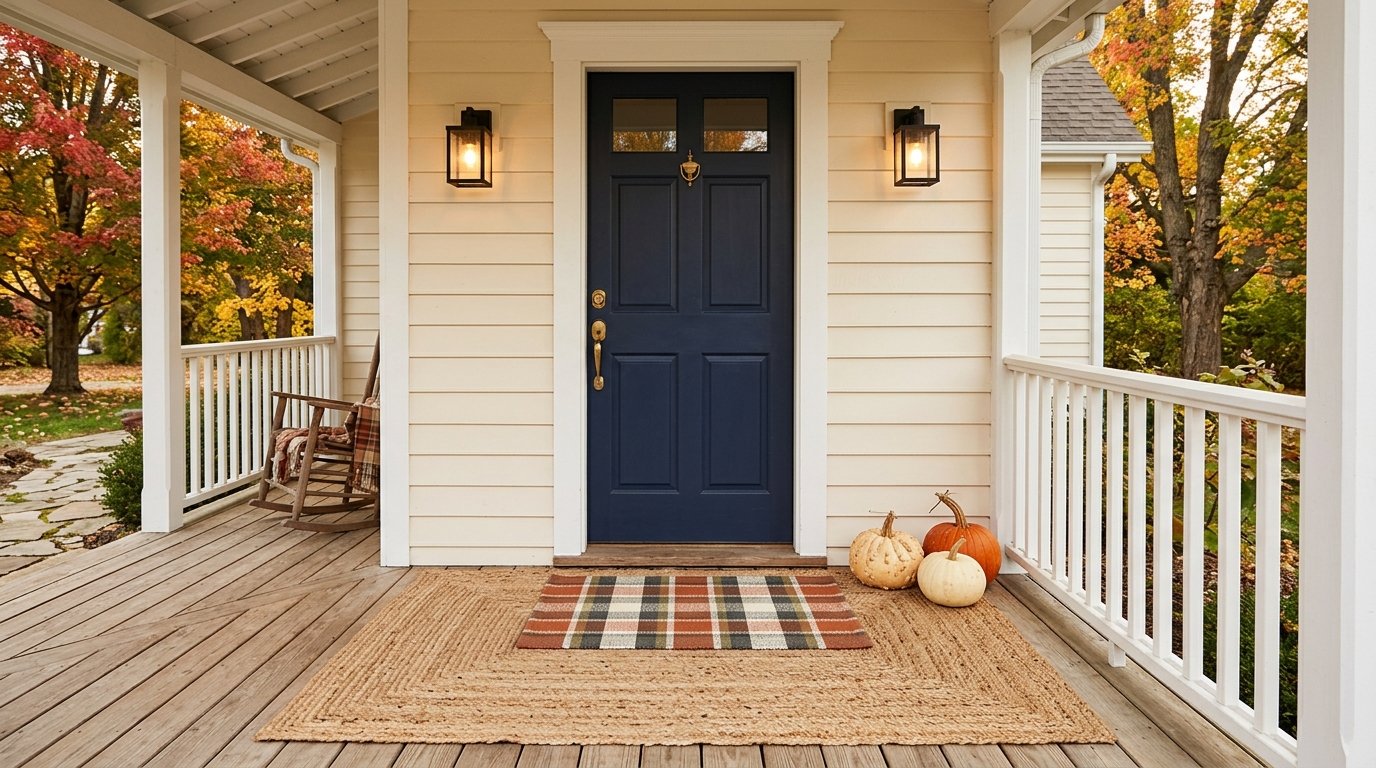 Layered front door entry mats featuring a large woven natural jute rug topped with a plaid fall doormat and pumpkins