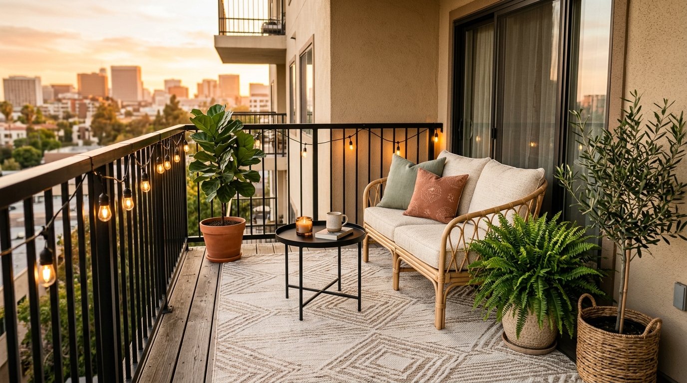 Medium-sized apartment balcony featuring a natural rattan outdoor loveseat with cushions and string lights at sunset