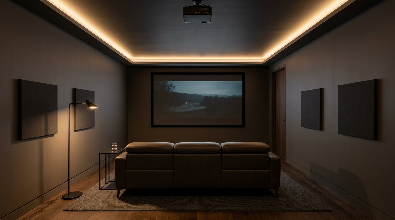 Minimalist home cinema with clean lines, dark warm gray walls, a single leather reclining sofa, and perimeter ceiling cove lighting