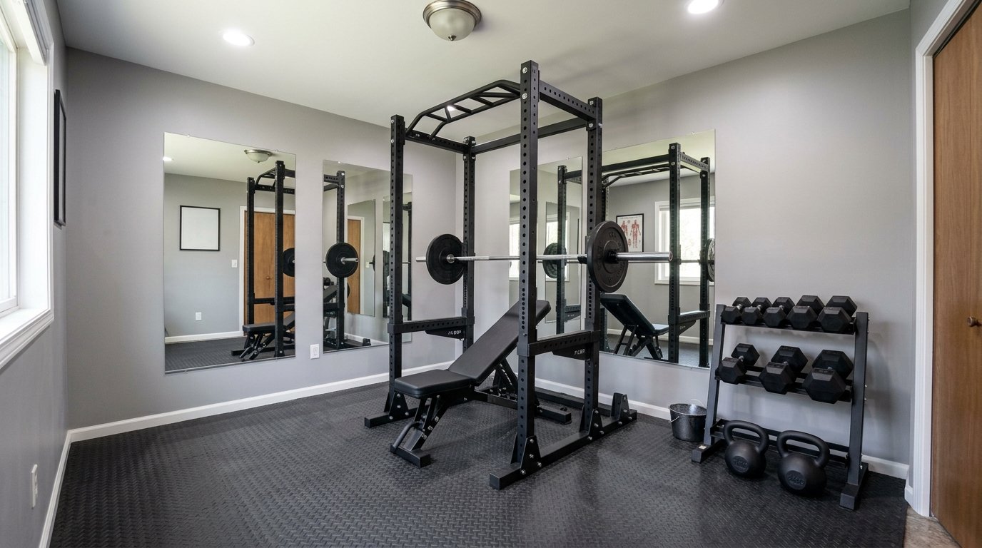 Home strength training setup featuring a compact power rack, adjustable bench, barbell, and dumbbell rack