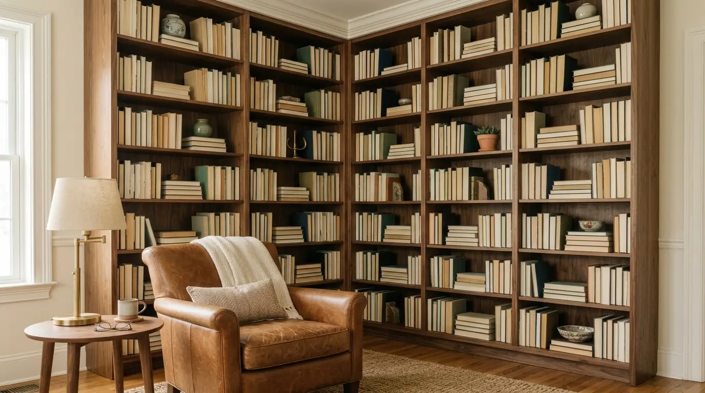 Floor-to-ceiling corner walnut bookshelves filled with books and a caramel leather armchair