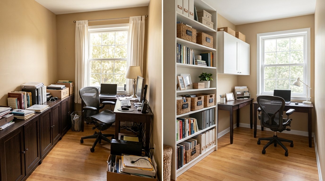 Before and after comparison of low bulky storage cabinets replaced by tall floor-to-ceiling shelving and wall-mounted upper cabinets