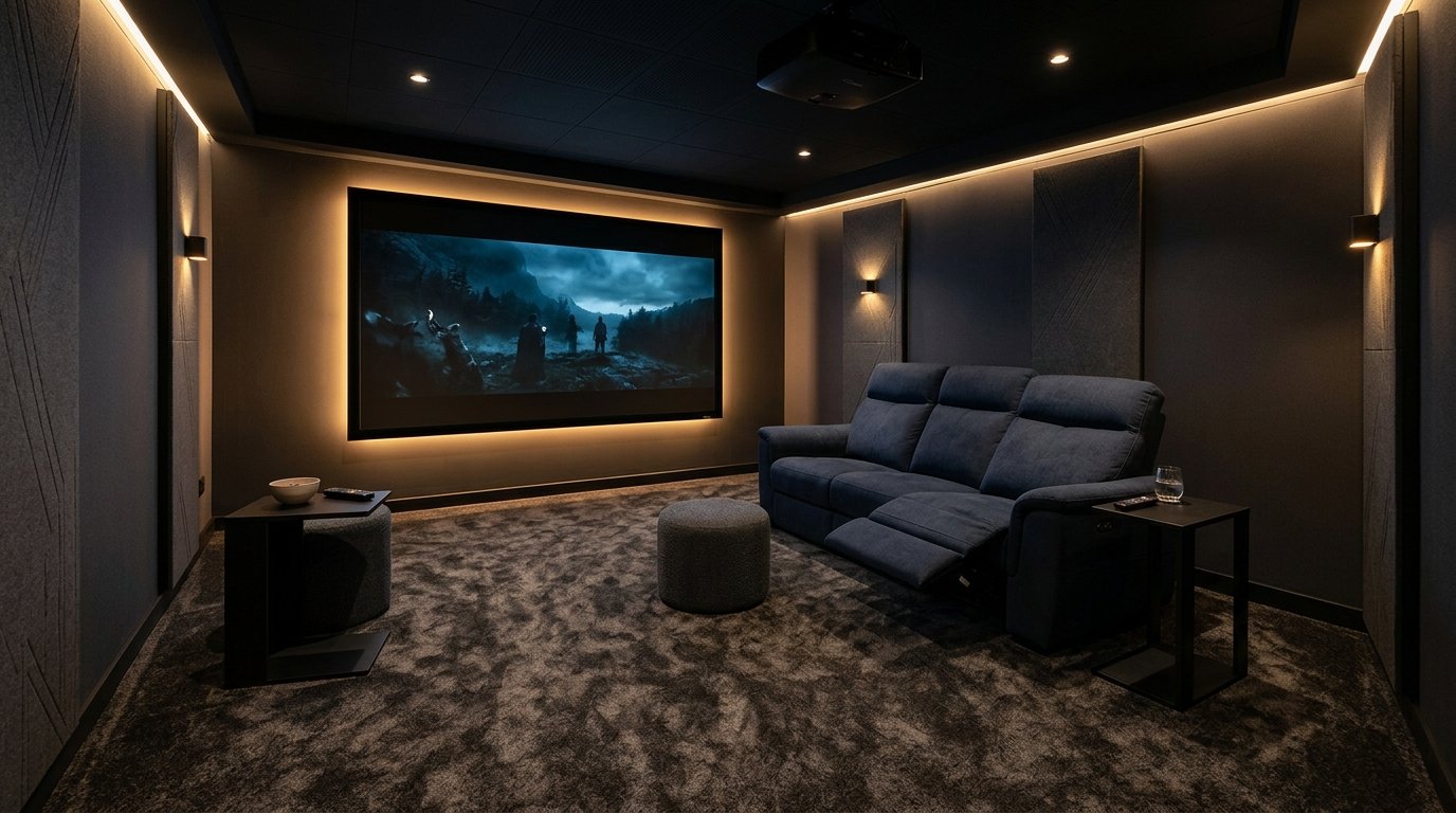 Home cinema room featuring warm indirect LED backlighting behind the projection screen to reduce eye strain and add ambiance