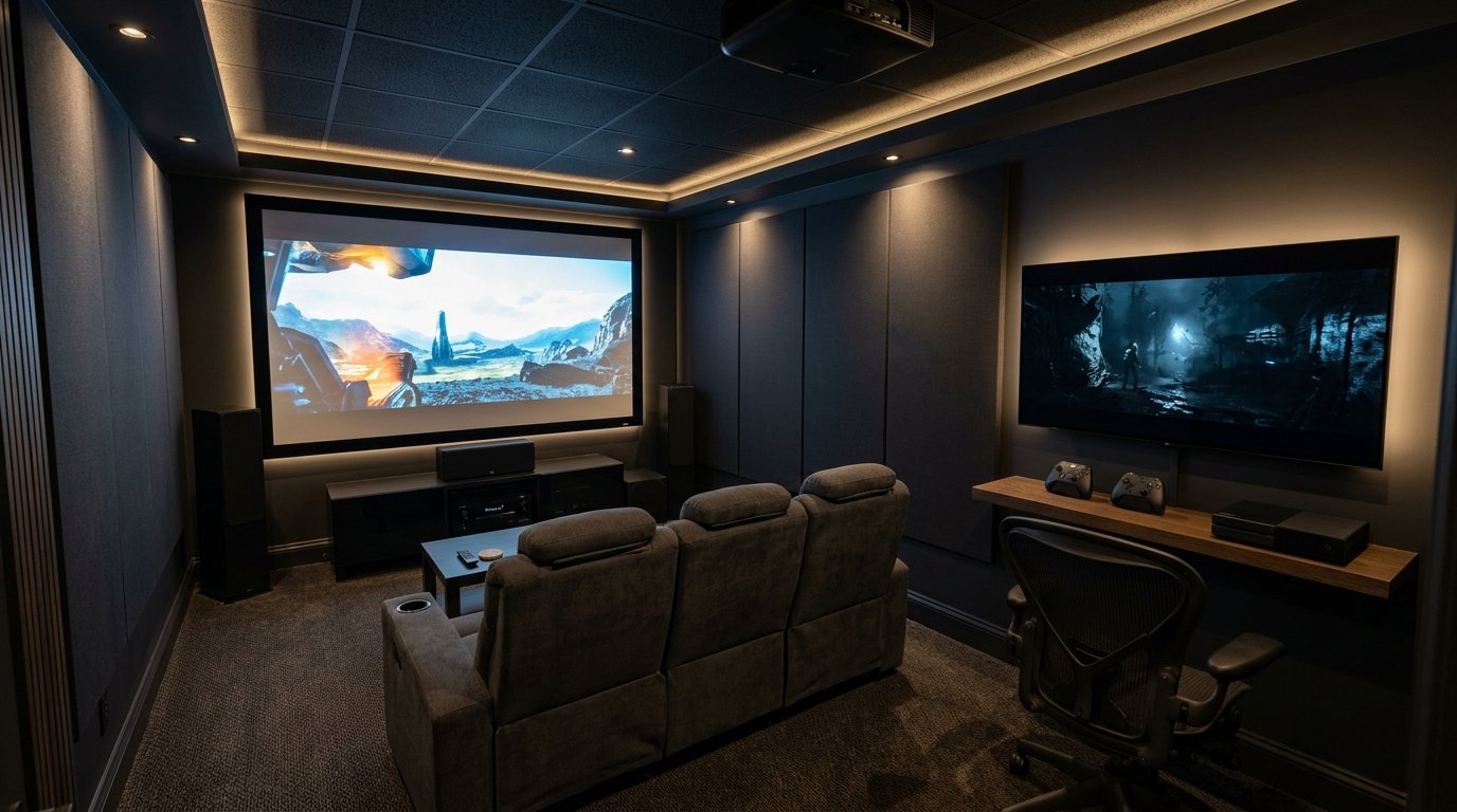 Dual-purpose entertainment room with a main movie projector screen and a dedicated side wall console gaming station