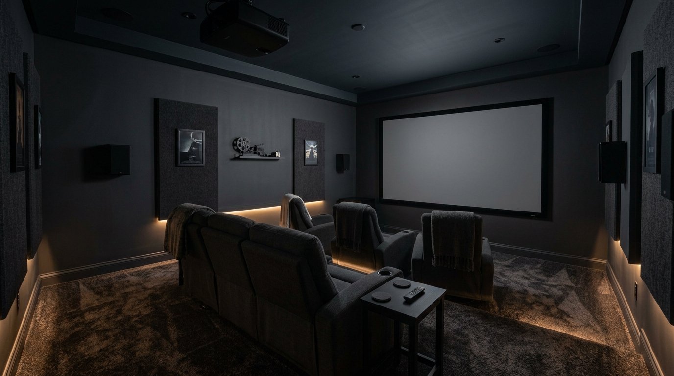 Intimate home theater room with thick plush dark charcoal wall-to-wall acoustic carpeting for sound absorption and comfort