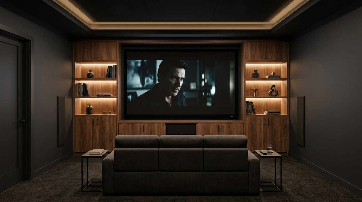 Custom built-in walnut media wall with illuminated display shelving and closed lower storage cabinets enclosing a large cinema screen