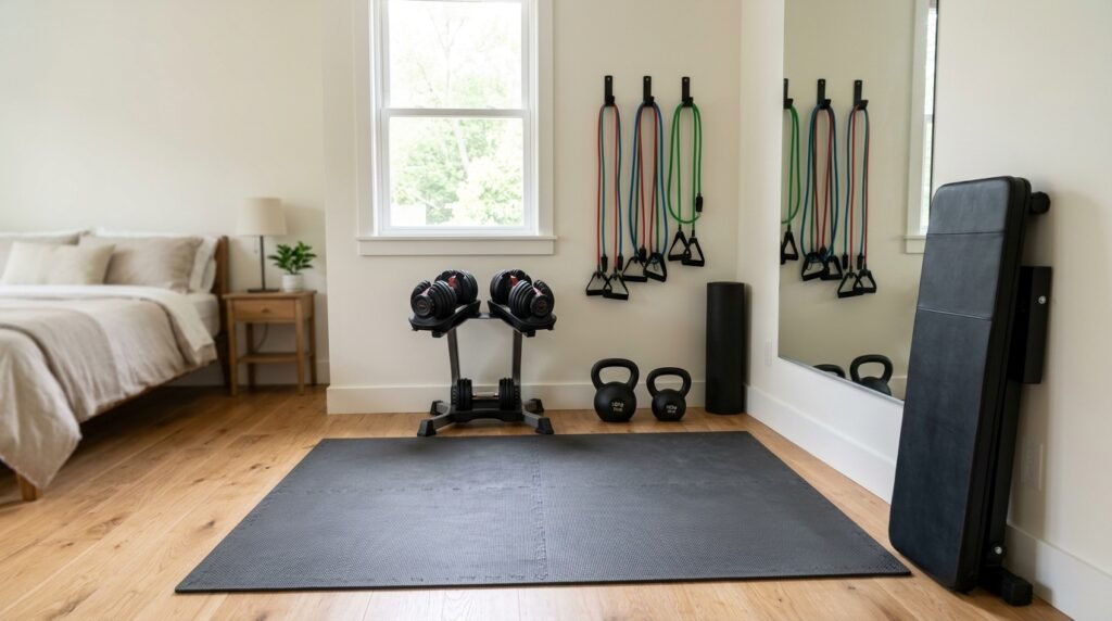 Compact bedroom workout corner with a rubber exercise mat, adjustable dumbbells, kettlebells, and a folded workout bench