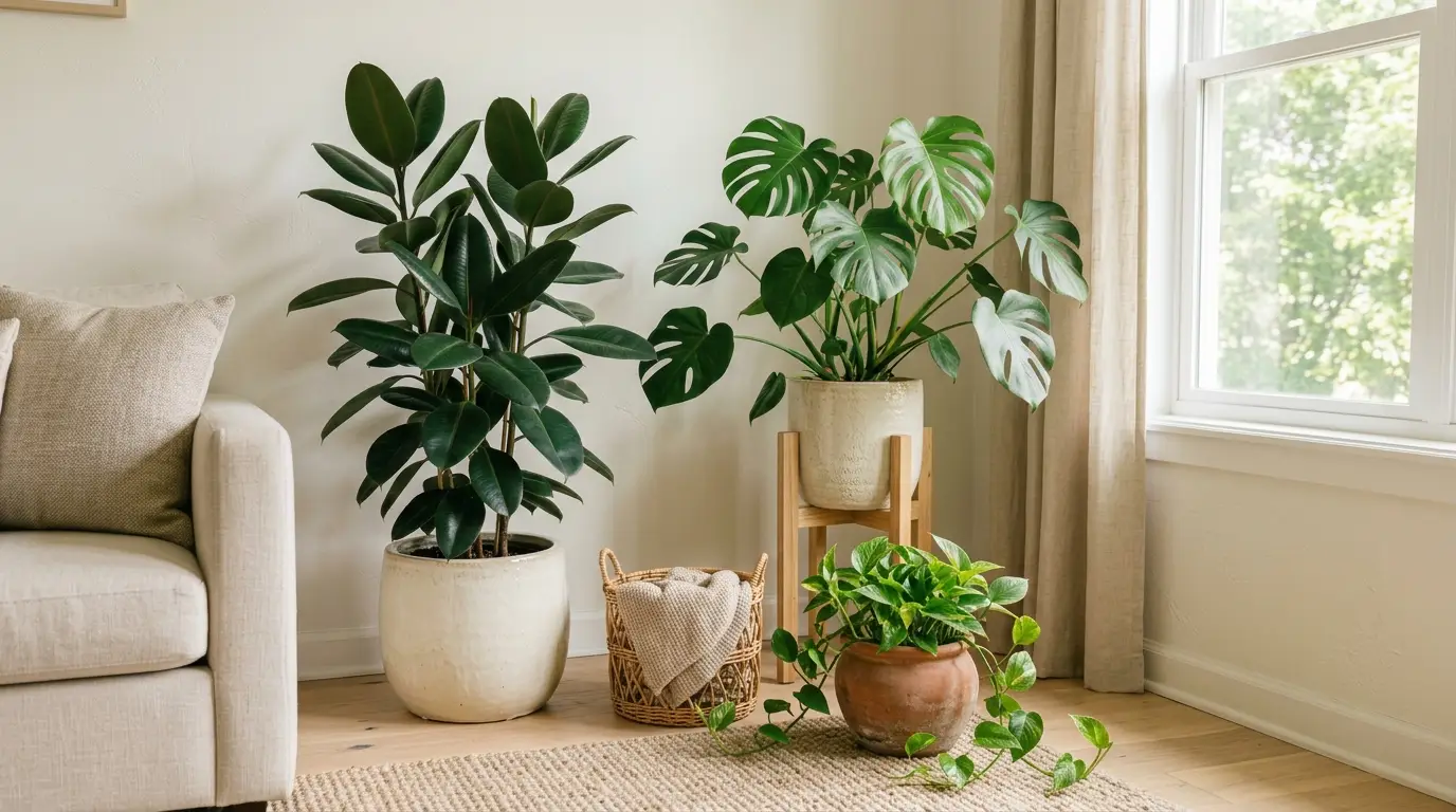 Layered indoor plant display in a living room corner with plants at varied heights in ceramic and terracotta pots