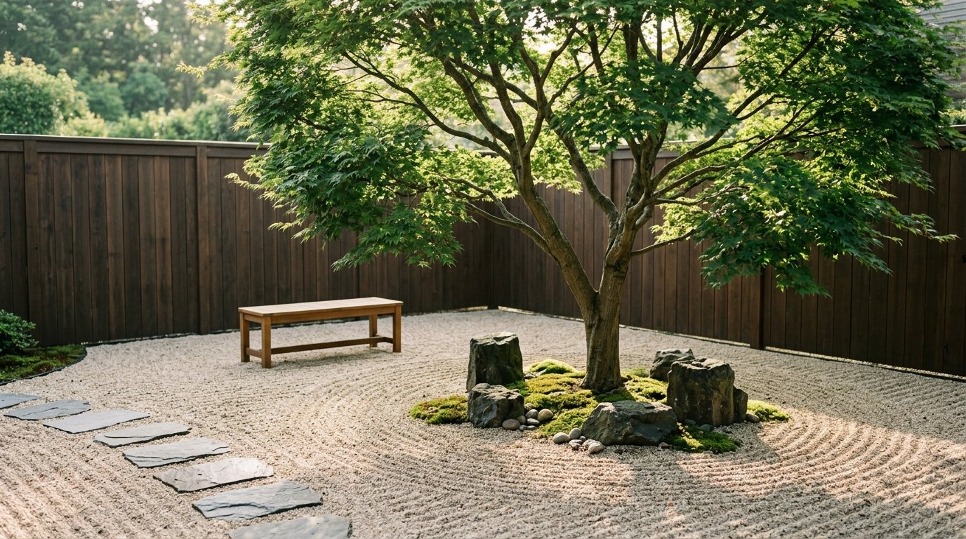 Sculptural Japanese maple tree standing as a central focal point surrounded by moss, dark boulders, and circular raked gravel