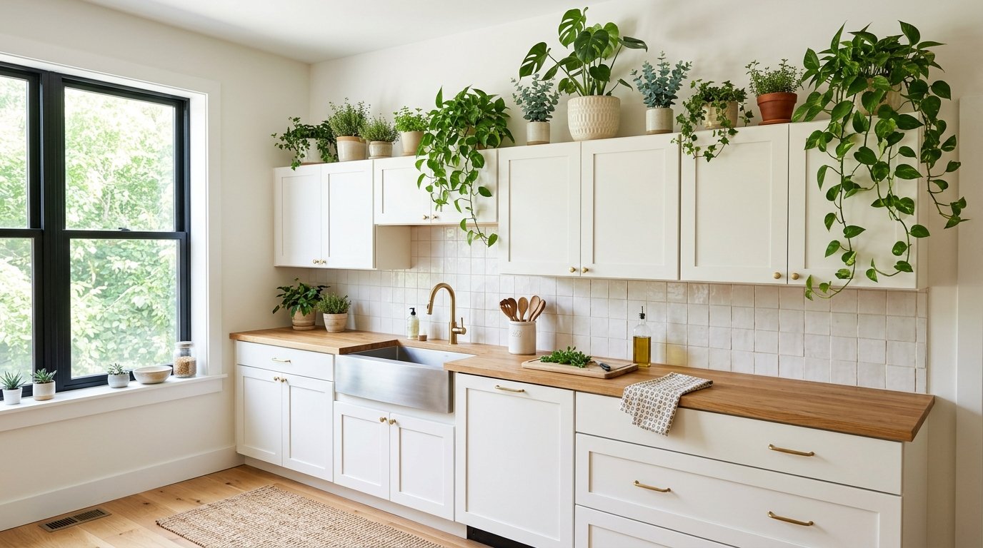 Bright kitchen styled with potted houseplants and lush trailing pothos cascading down over white upper cabinets