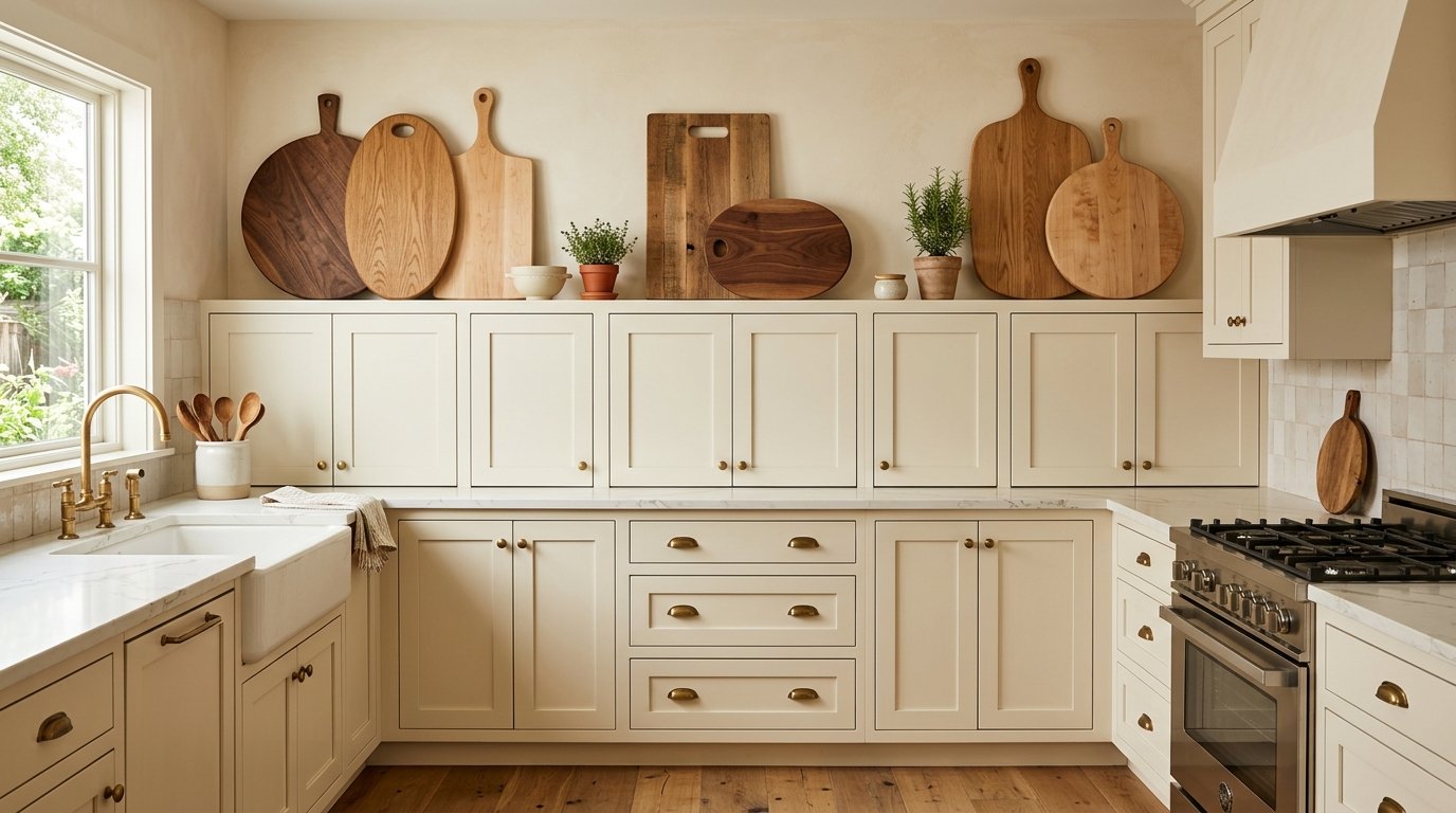 Curated collection of wooden cutting boards in round, oval, and rectangular shapes leaning against the wall above cream cabinets