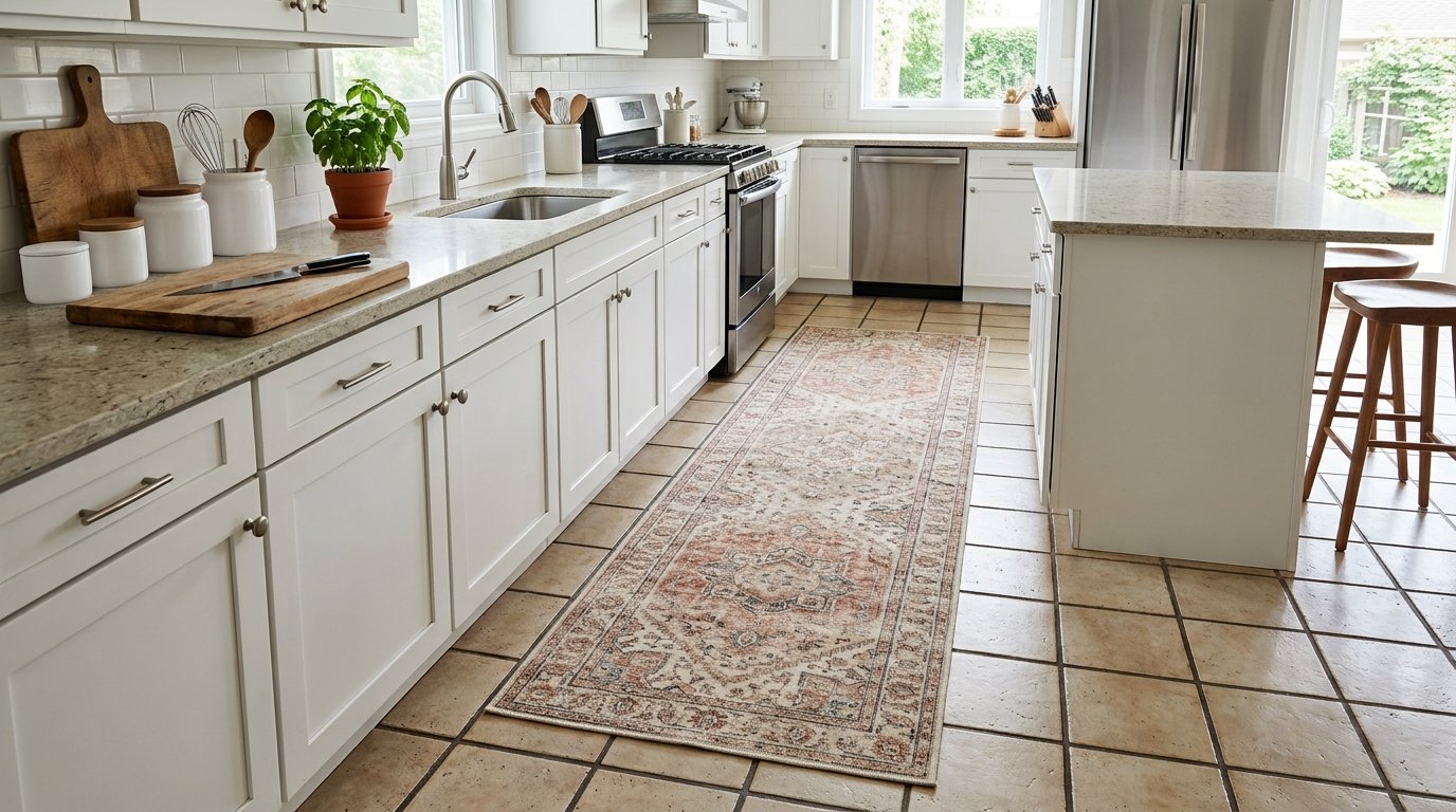 Washable vintage-style runner placed on beige ceramic tile between white kitchen cabinets and an island