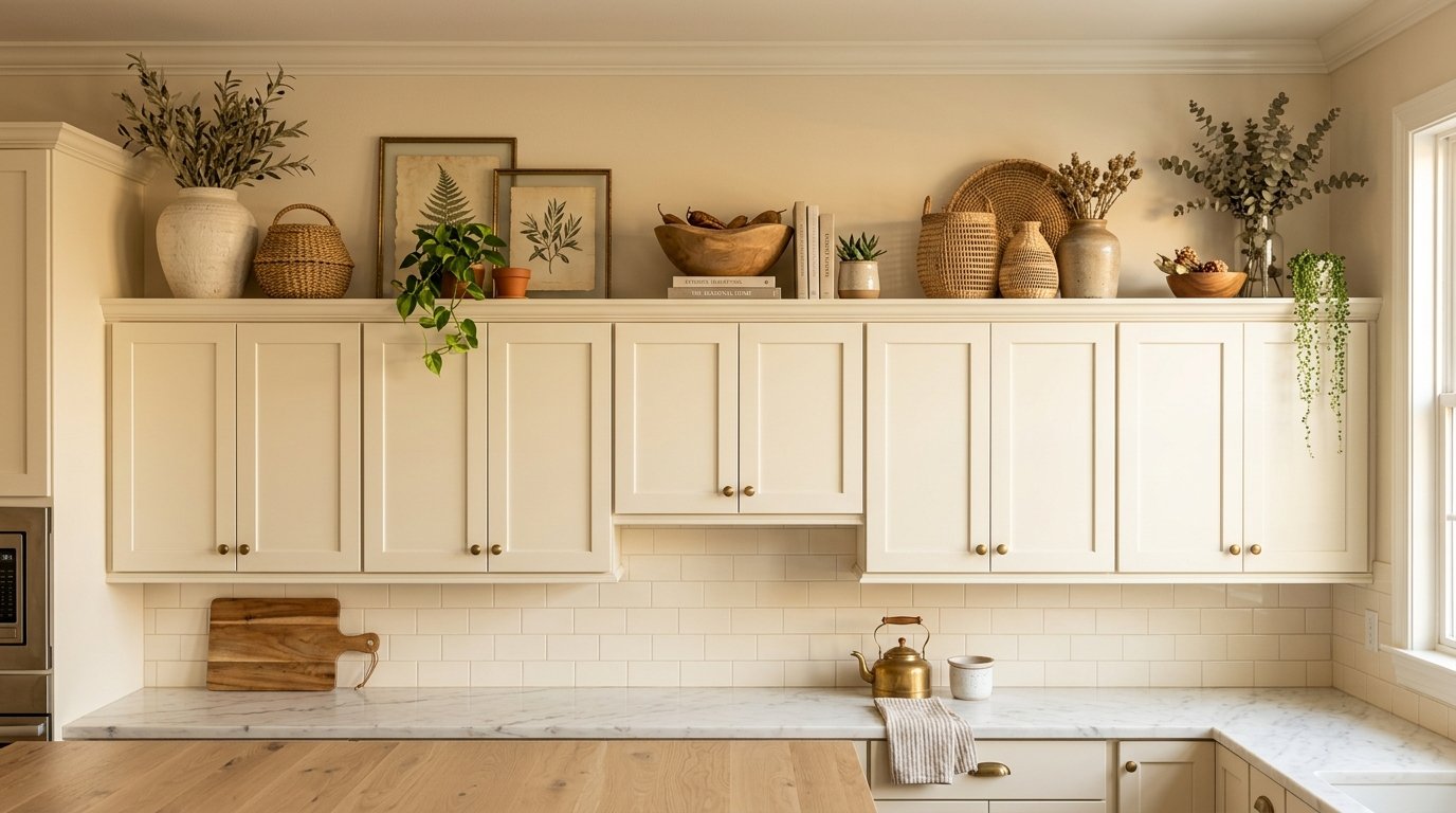 Curated kitchen cabinet top styling blending ceramic vases, woven baskets, framed botanical art, and trailing houseplants