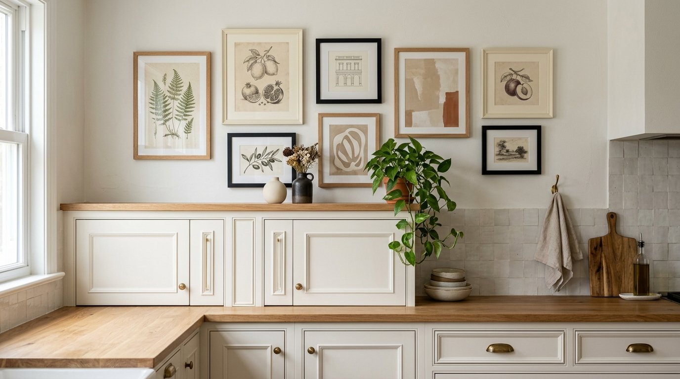 Asymmetrical mini gallery of framed botanical sketches and vintage fruit prints displayed above kitchen cabinetry