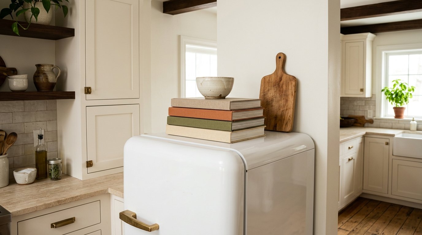 Neat horizontal stack of hardcover cookbooks topped with a ceramic bowl and cutting board on a white refrigerator