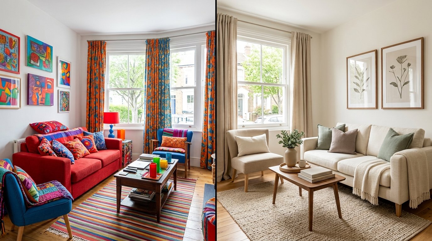 Before and after comparison of a visually busy multicolored living room redesigned with a cohesive warm neutral color palette