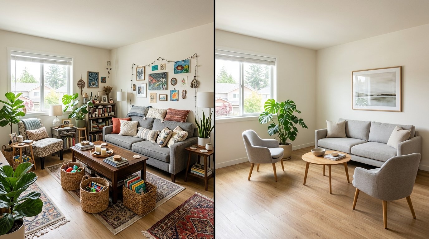 Before and after comparison of a living room packed with excess side tables and baskets simplified to highlight intentional negative space