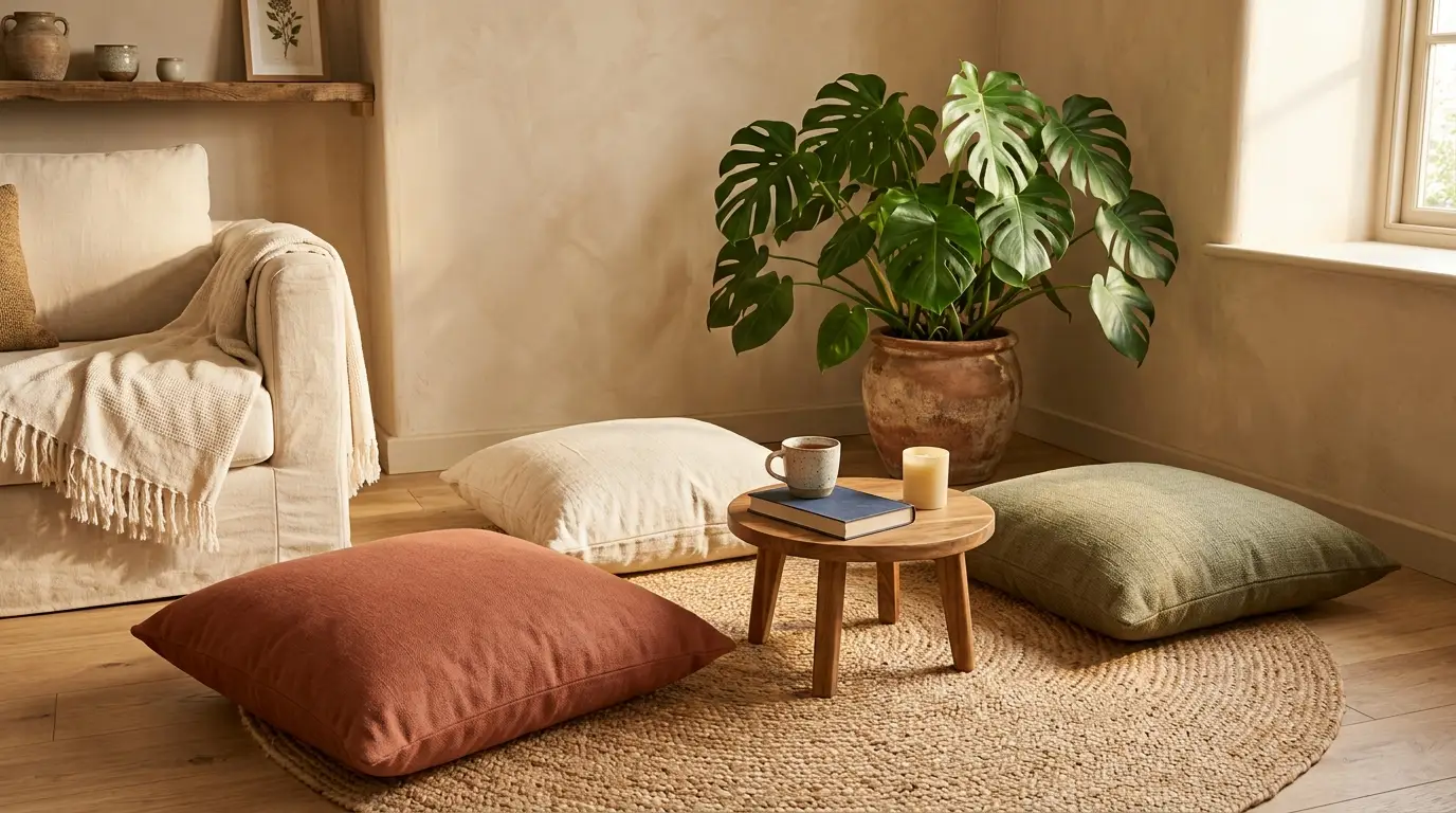 Cozy low floor seating corner with round jute rug, textured cushions, and a low wooden table