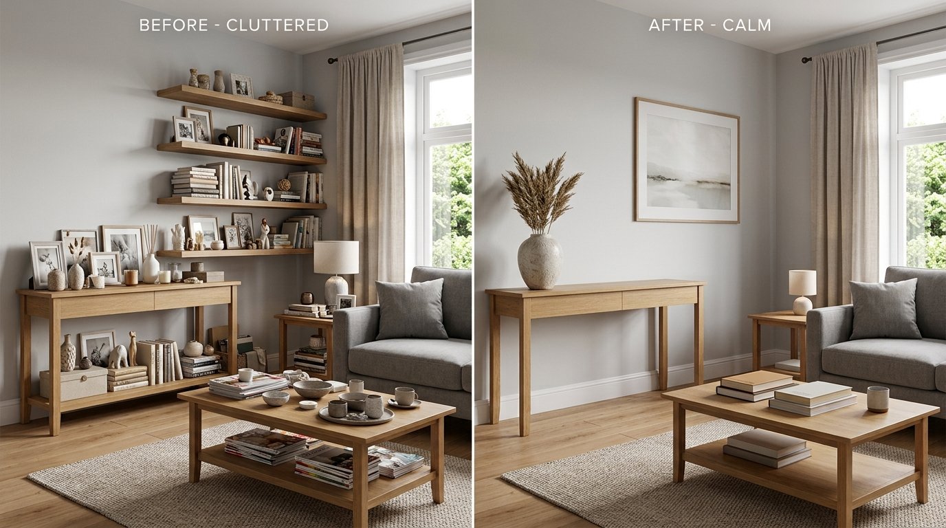 Before and after comparison showing cluttered shelves and tabletop surfaces transformed into a clean, minimalist decorative arrangement