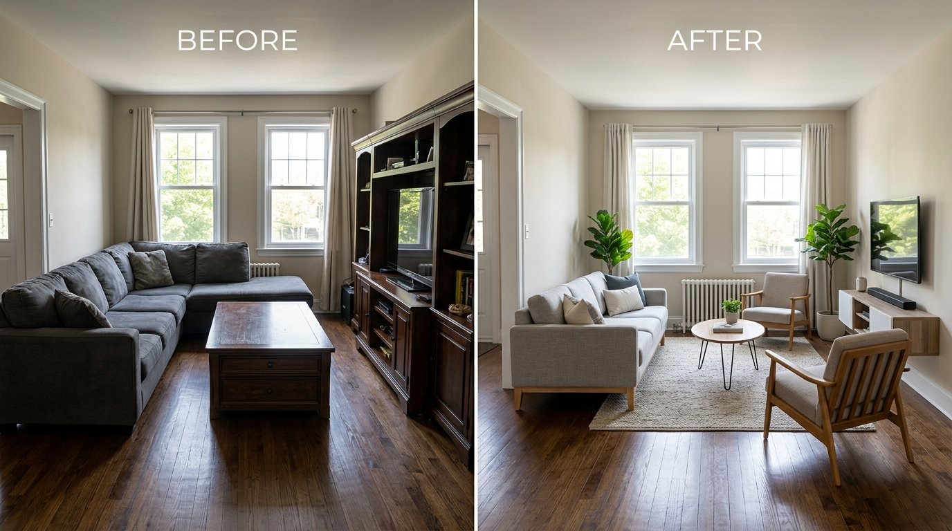 Before and after view of a small living room overwhelmed by an oversized sectional compared to scaled compact furniture with visible legs