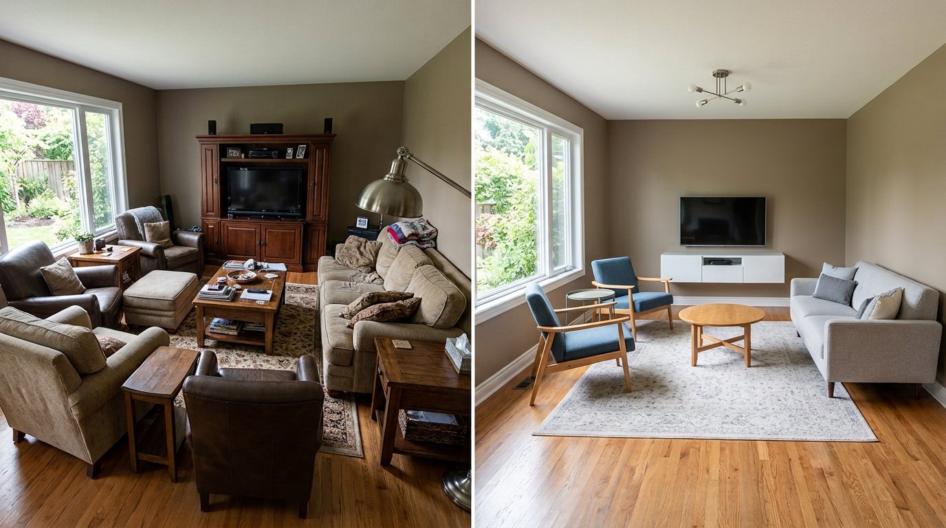 Before and after comparison of an overcrowded living room with excess chairs simplified to a streamlined sofa and clear walking paths