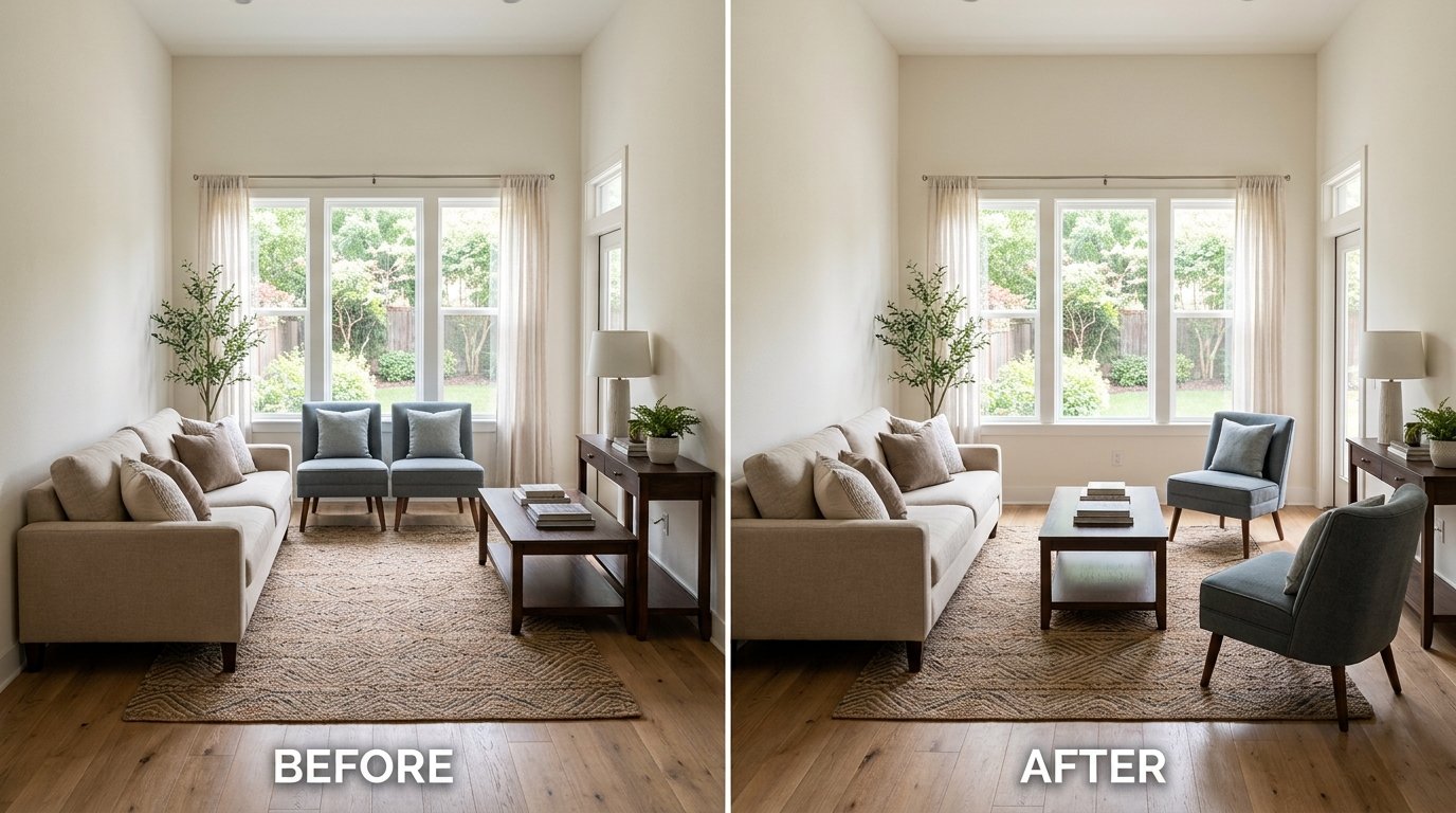 Before and after comparison of a living room with furniture pushed against walls versus pulled inward to create an open conversational layout