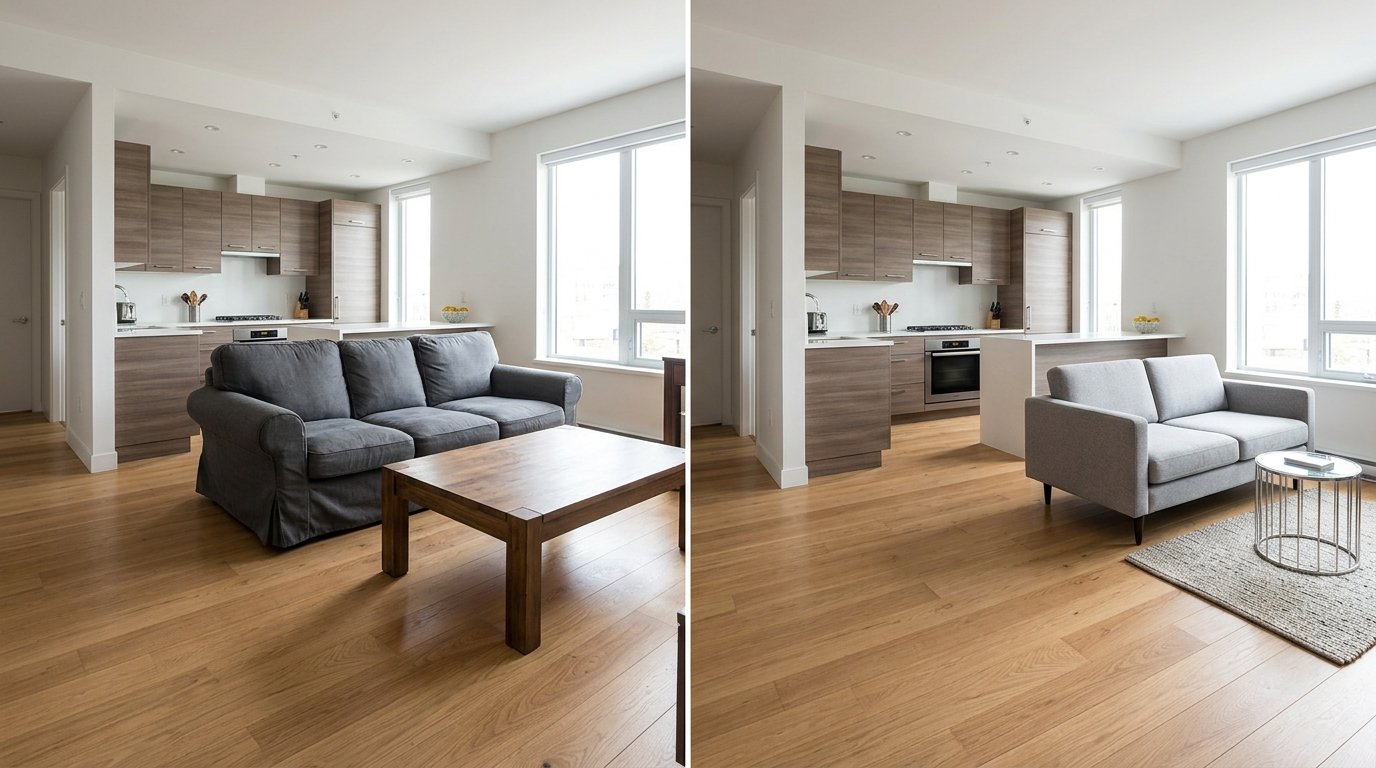 Before and after comparison of a sofa blocking the main walkway to the kitchen rearranged into a natural open traffic flow