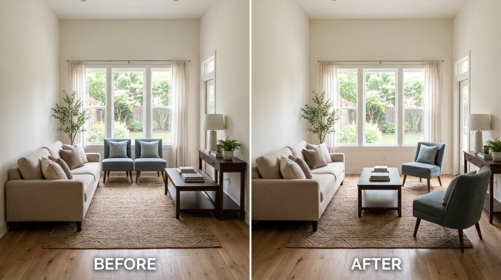 Before and after comparison of a living room with furniture pushed against walls versus pulled inward to create an open conversational layout