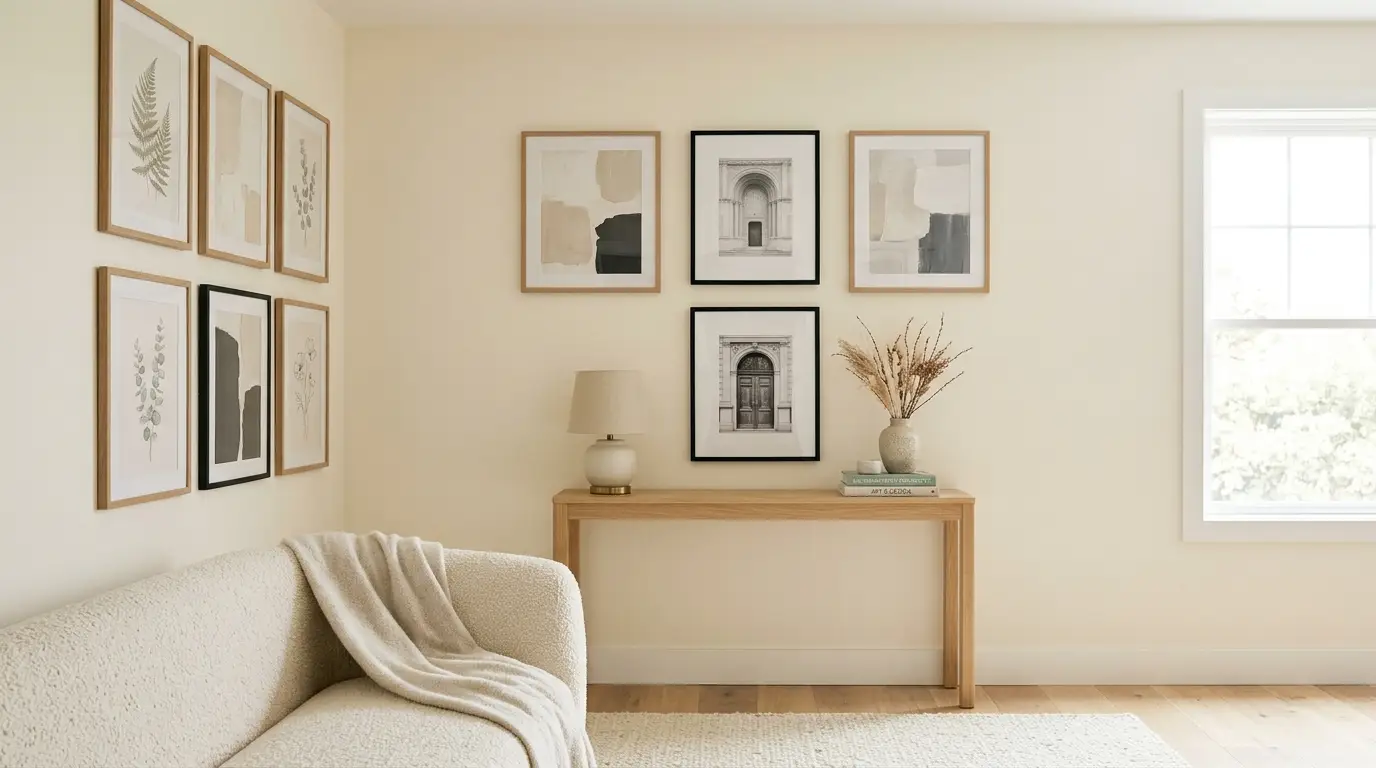 Symmetrical corner gallery wall with framed prints and a narrow wooden console table