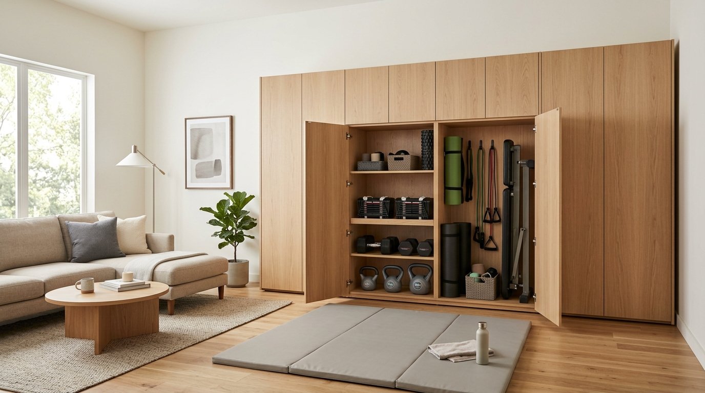 Living room with built-in custom oak cabinetry opening to reveal hidden workout equipment, weights, and a folding bench