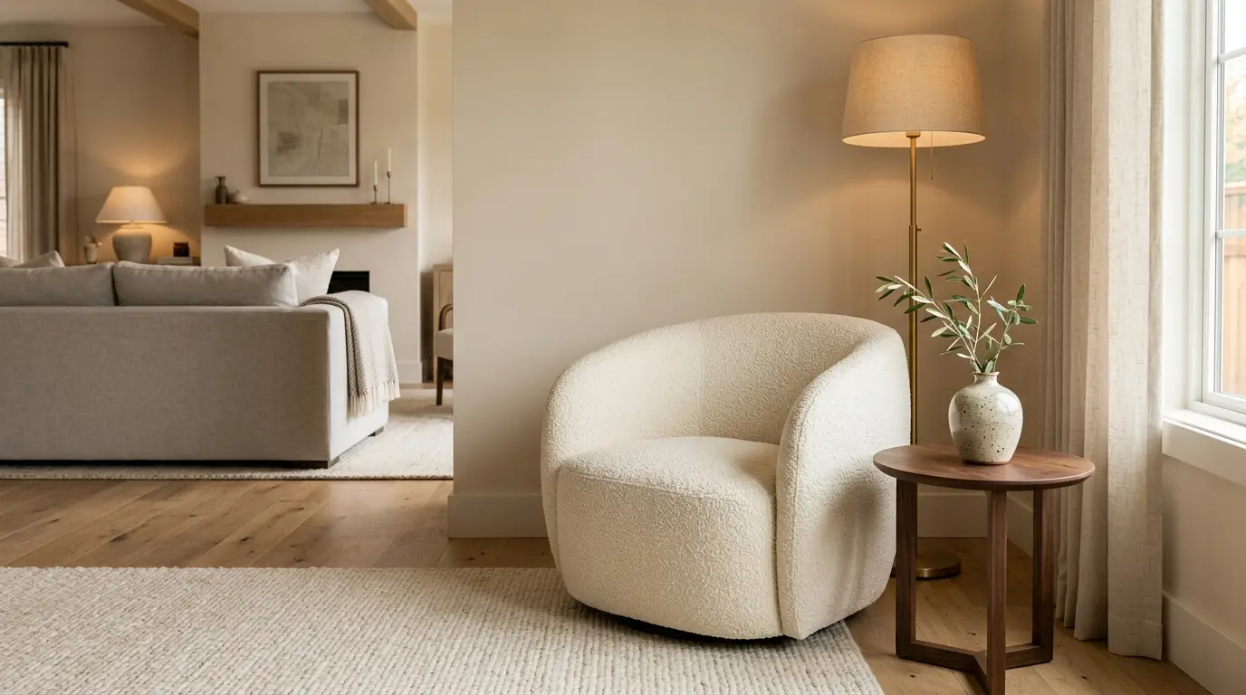 Sculptural curved boucle accent chair in warm ivory with a walnut side table and brass floor lamp