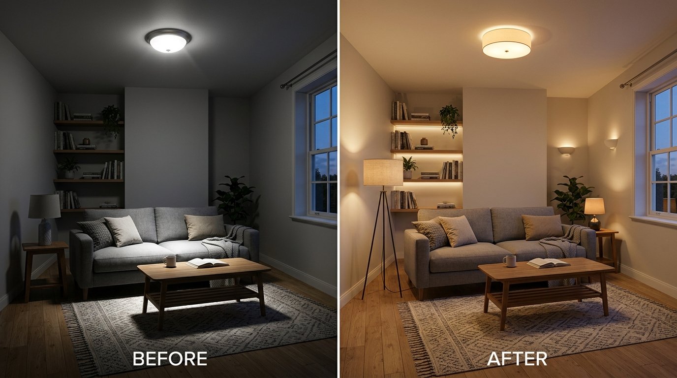 Before and after view of a room lit by a single harsh central ceiling fixture transformed with warm layered ambient lighting