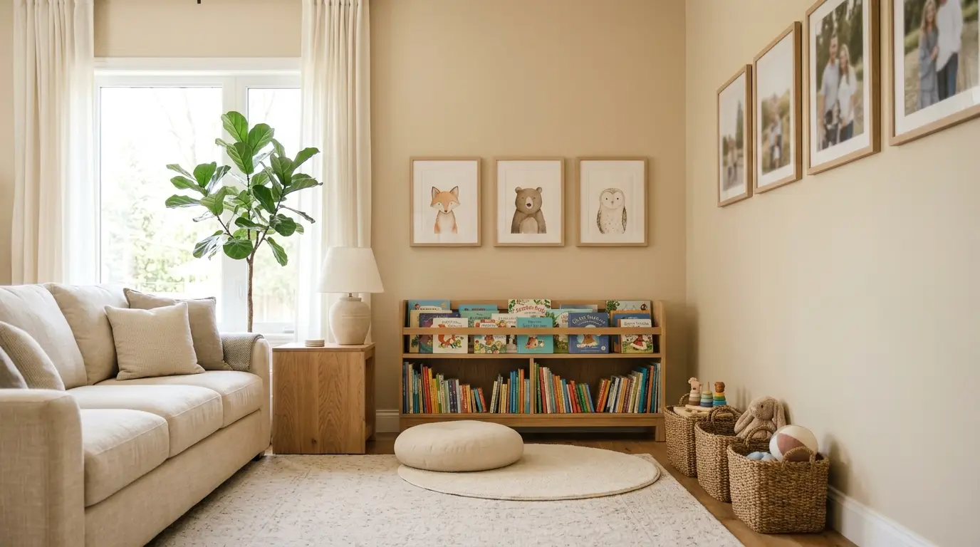Charming kids reading corner in a living room with a low oak bookcase, floor cushion, and storage baskets