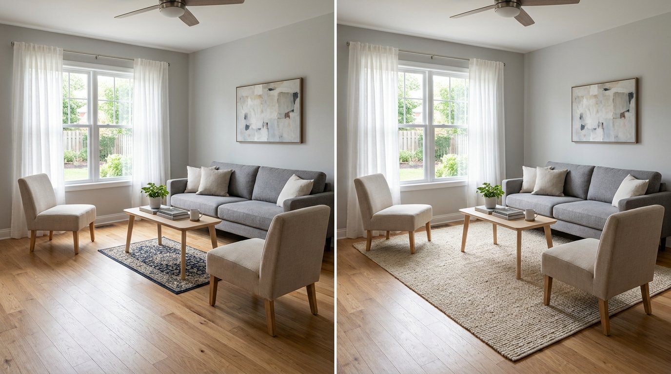 Before and after demonstration of a small floating rug under a coffee table versus a large area rug anchoring the entire seating area