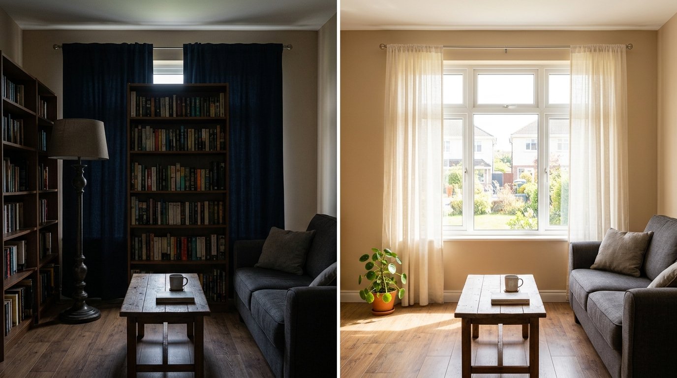 Before and after comparison of a window blocked by dark curtains and a tall bookcase versus an open window framed by sheer linen drapes
