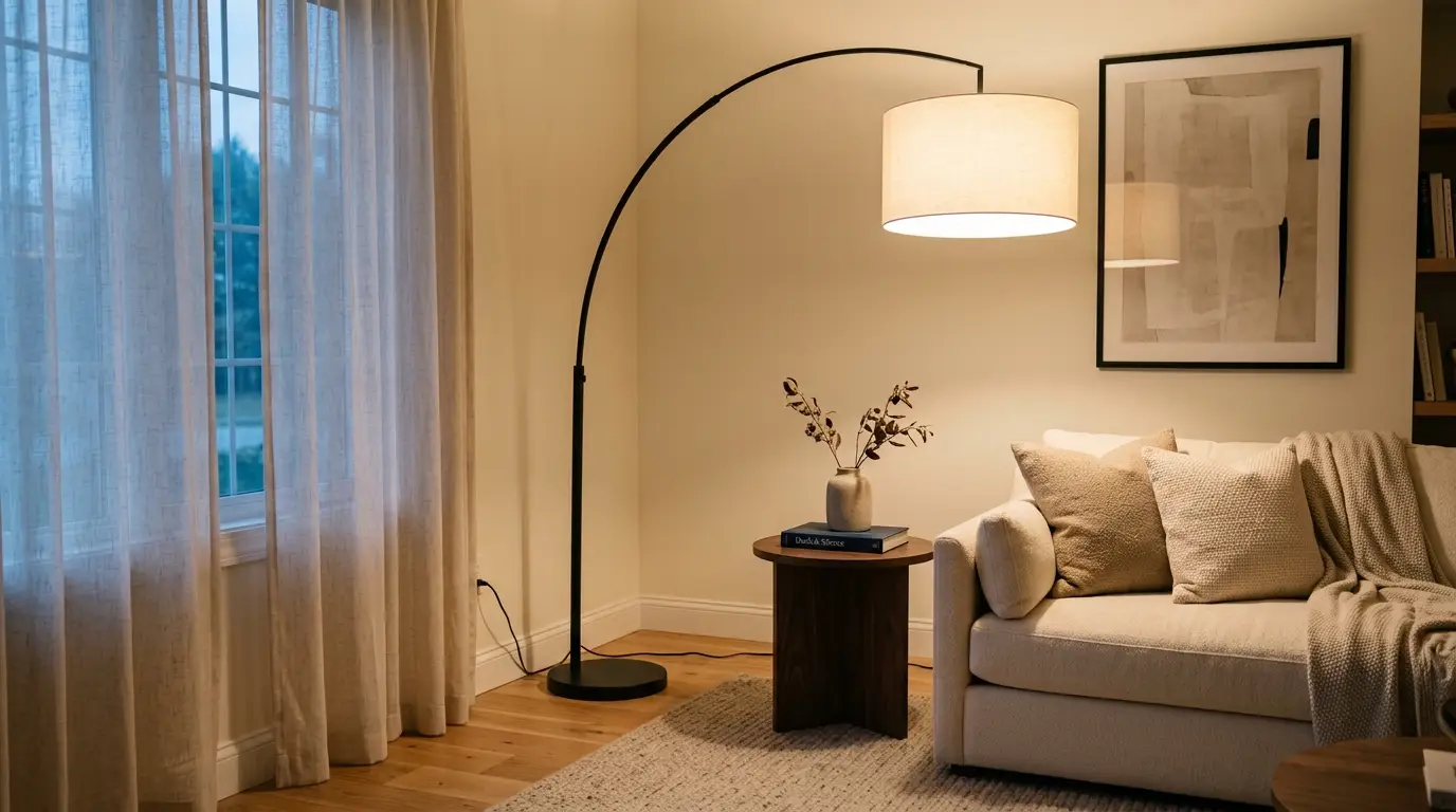 Sculptural arched floor lamp with warm lighting over a sofa in a living room corner