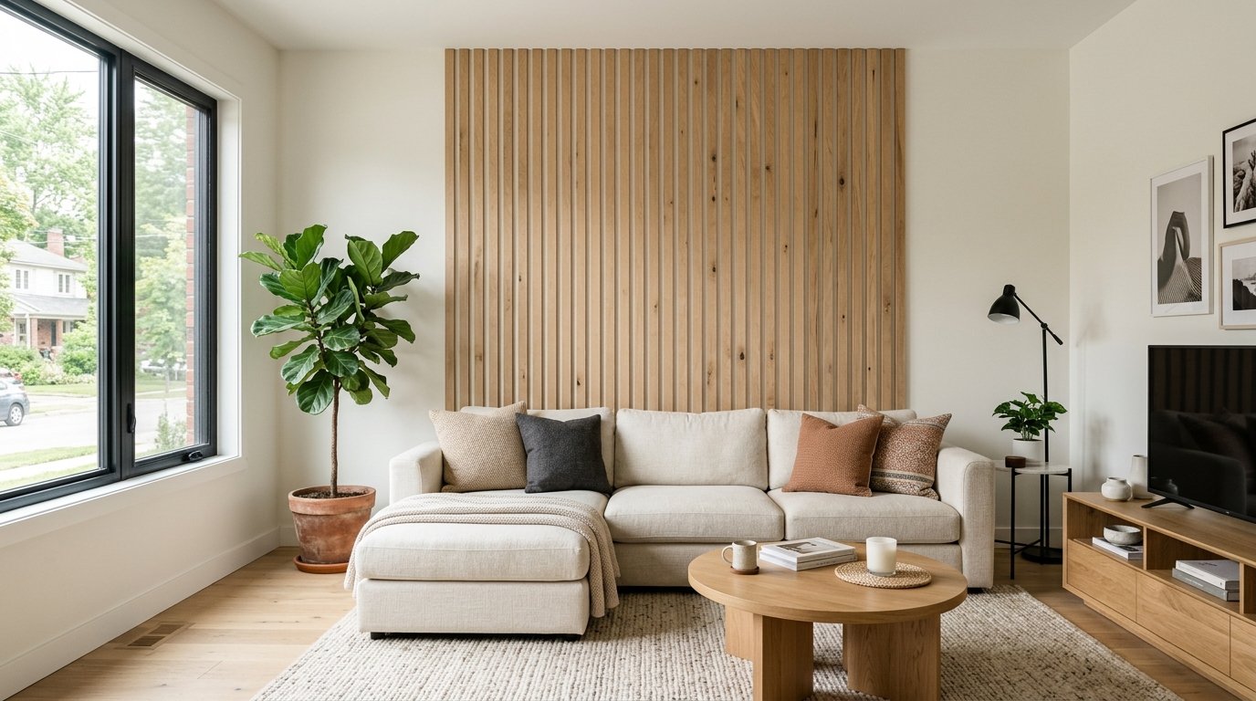 Modern living room with a centered vertical natural oak wood slat accent panel mounted behind a neutral sectional sofa