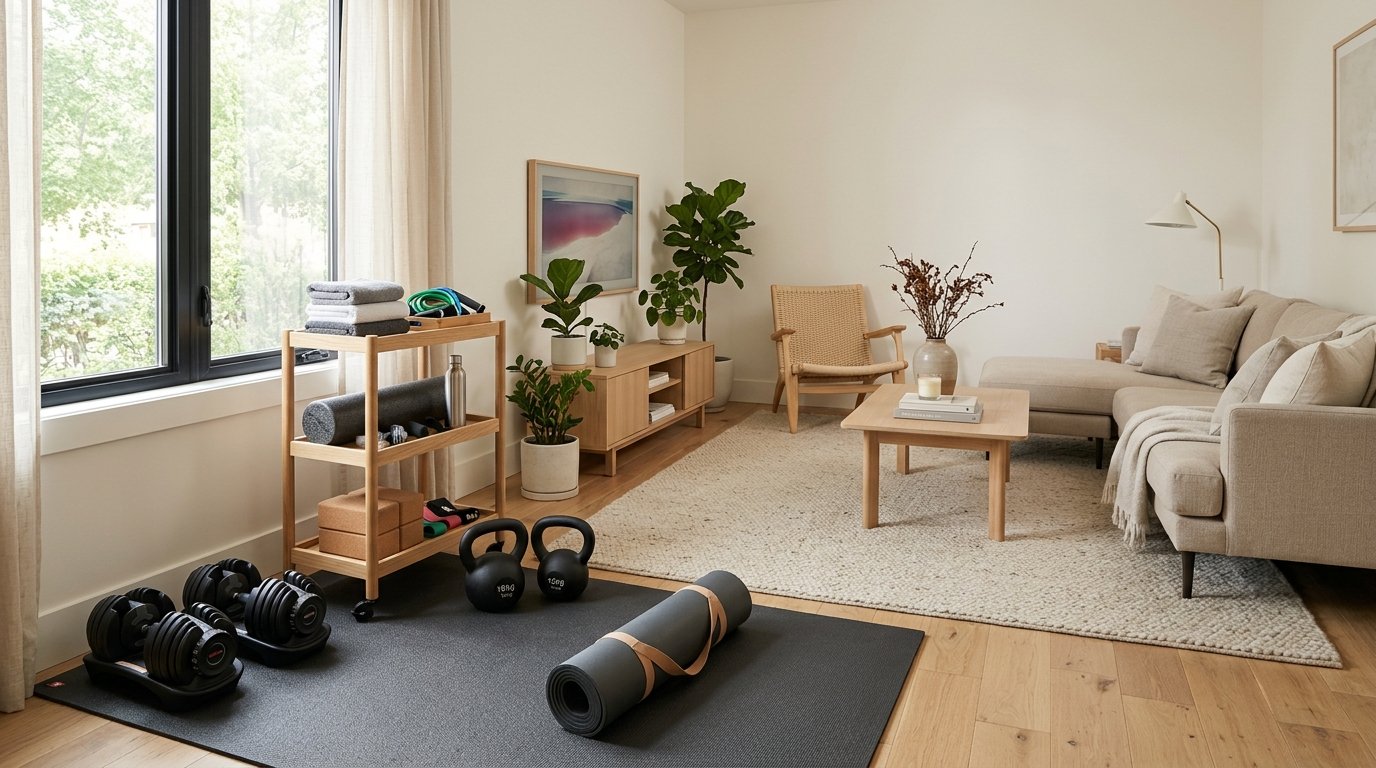 Multipurpose living room with an organized workout zone featuring a wooden rolling utility cart for fitness gear