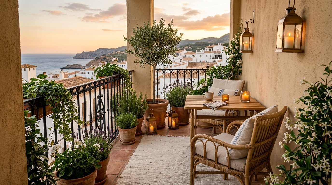Mediterranean-inspired balcony styled with terracotta planters, a potted olive tree, woven armchairs, and brass lanterns