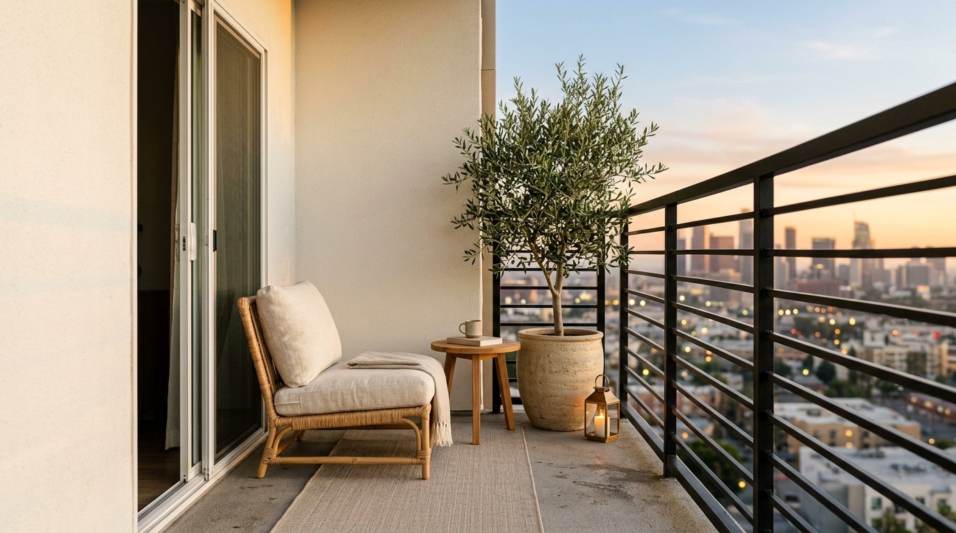 Minimalist apartment balcony design with a single comfortable woven lounge chair, small side table, and potted olive tree