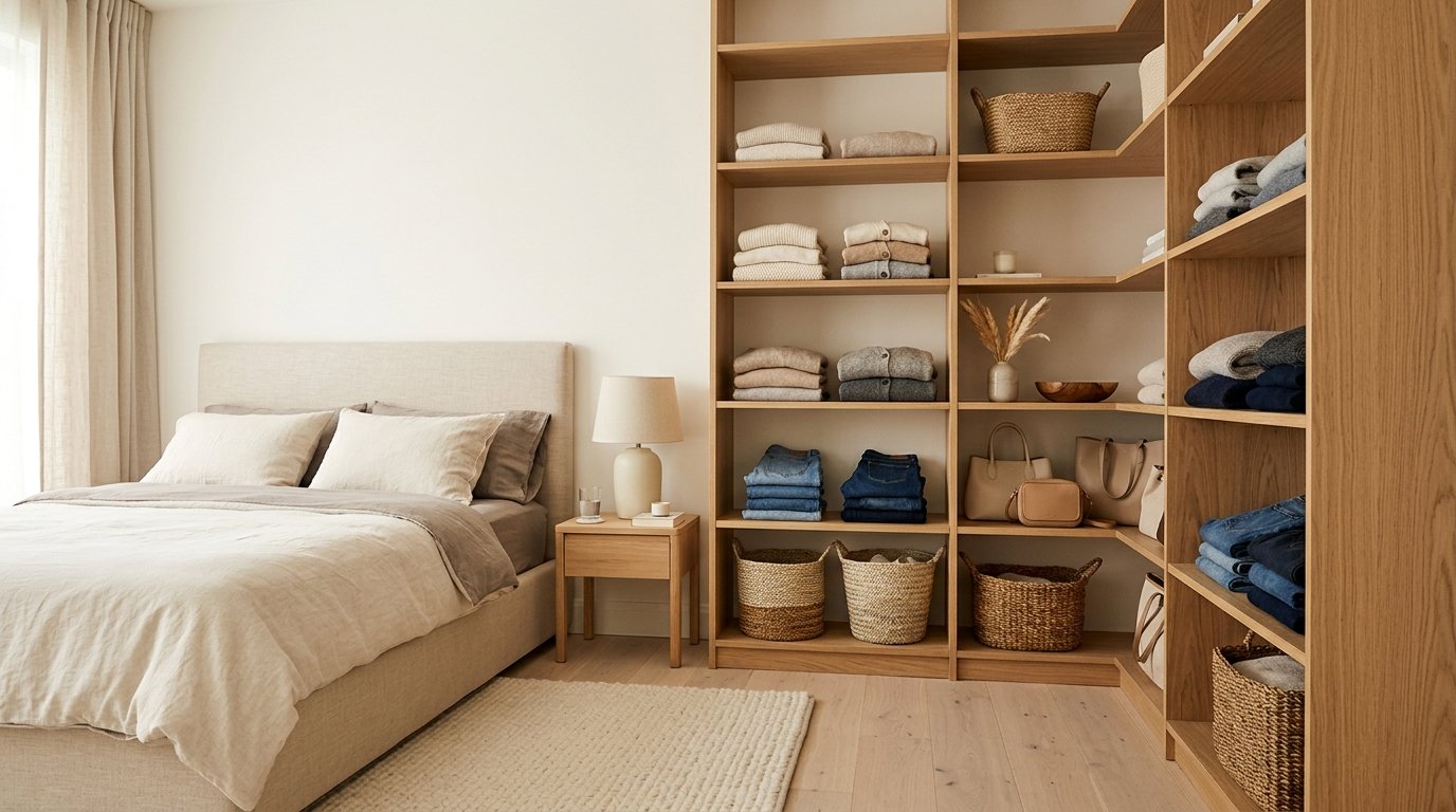 Floor-to-ceiling natural oak open corner shelving storing folded clothes, handbags, and baskets