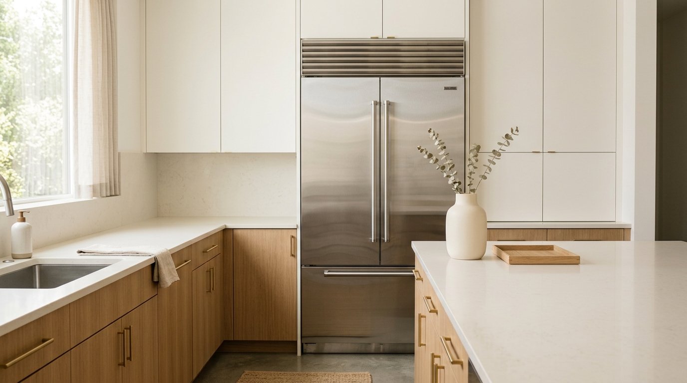 Minimalist kitchen design featuring an ivory ceramic vase with dried eucalyptus and a small wooden tray above the refrigerator