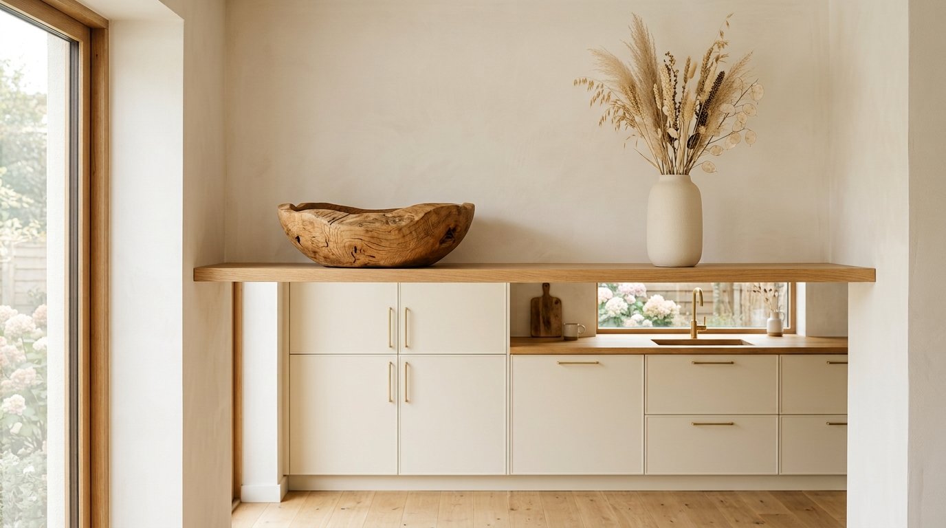 Minimalist kitchen featuring an oversized handcrafted natural oak bowl and tall ceramic vase with dried grasses above the cabinetry