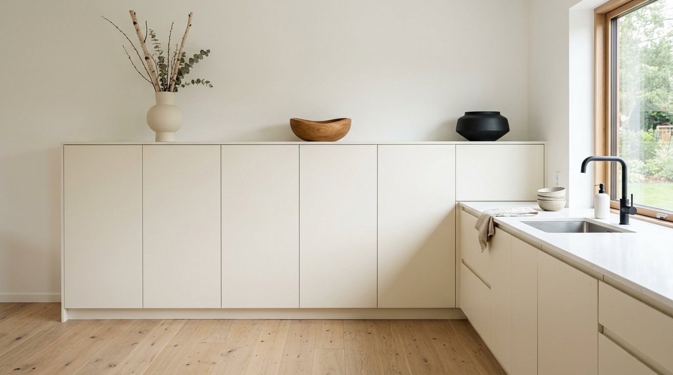 Minimalist modern kitchen displaying exactly three statement decor pieces across the upper cabinet run with ample open space