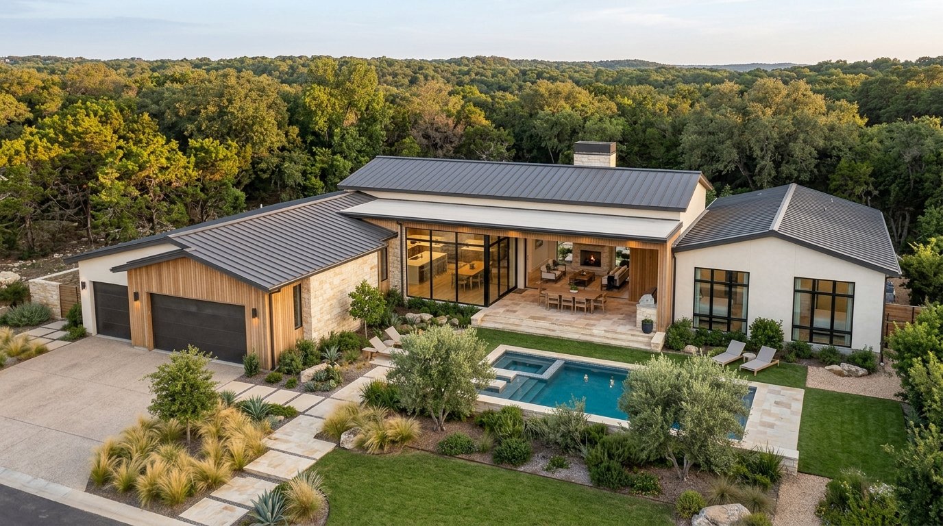 Modern L-shaped four-bedroom single-story house wrapping around a private patio, swimming pool, and landscaped courtyard