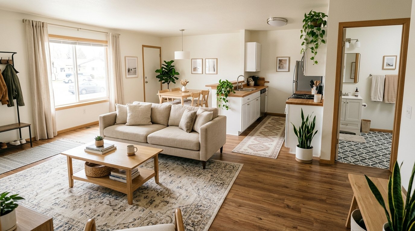 Open-concept rental apartment combining multiple cohesive rugs, runners, and temporary peel-and-stick tiles