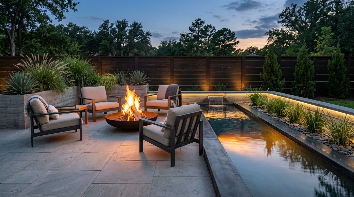 Modern backyard patio combining a circular steel fire bowl with a sleek linear reflecting pool and integrated spillway